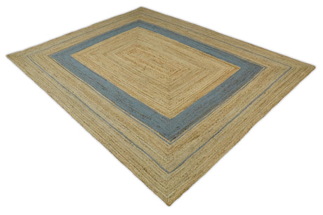 Hand Woven Natural Fiber Blue and Brown Natural Jute Rug
