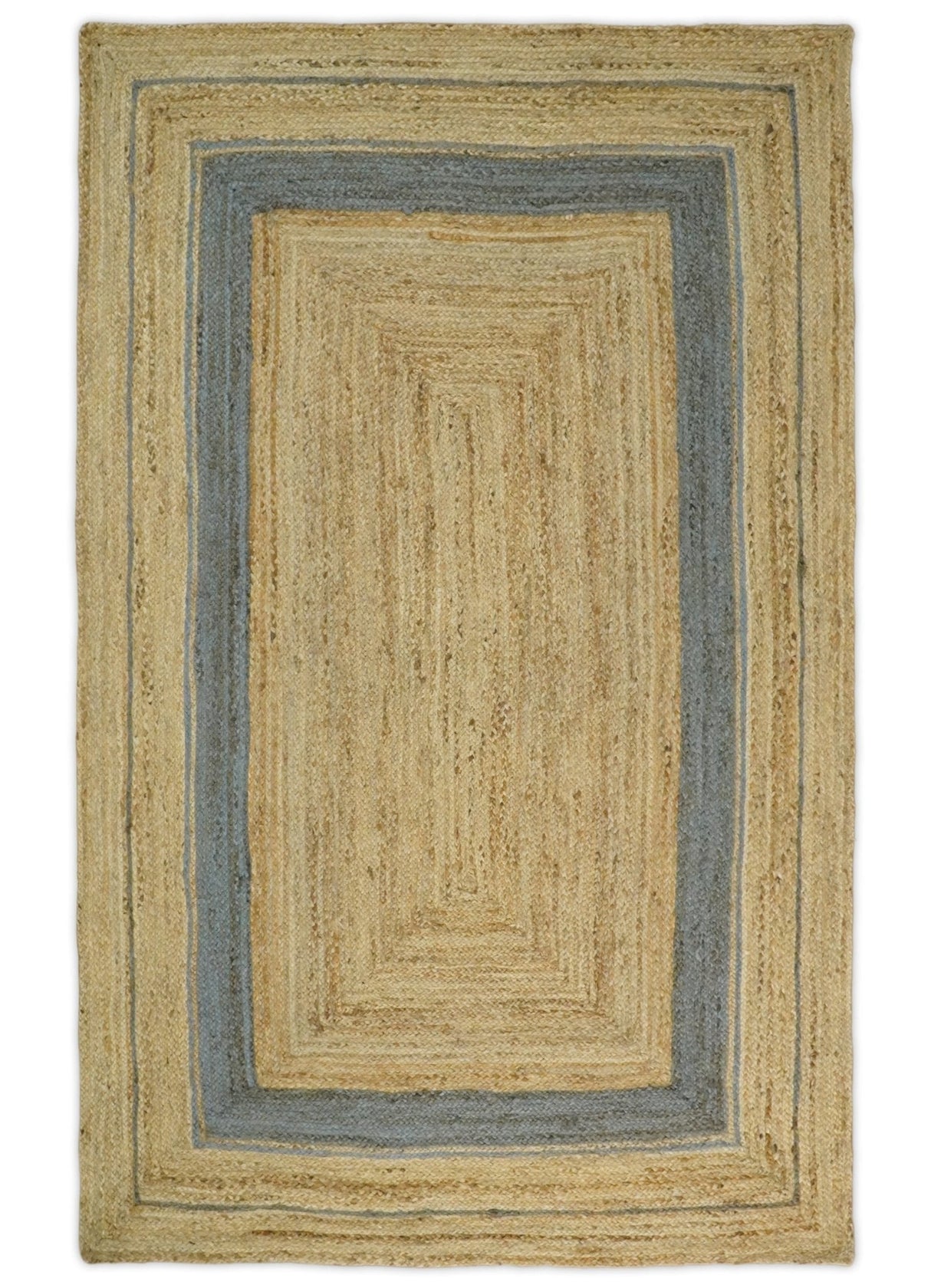 Hand Woven Natural Fiber Blue and Brown Natural Jute Rug