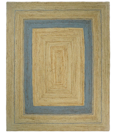 Hand Woven Natural Fiber Blue and Brown Natural Jute Rug