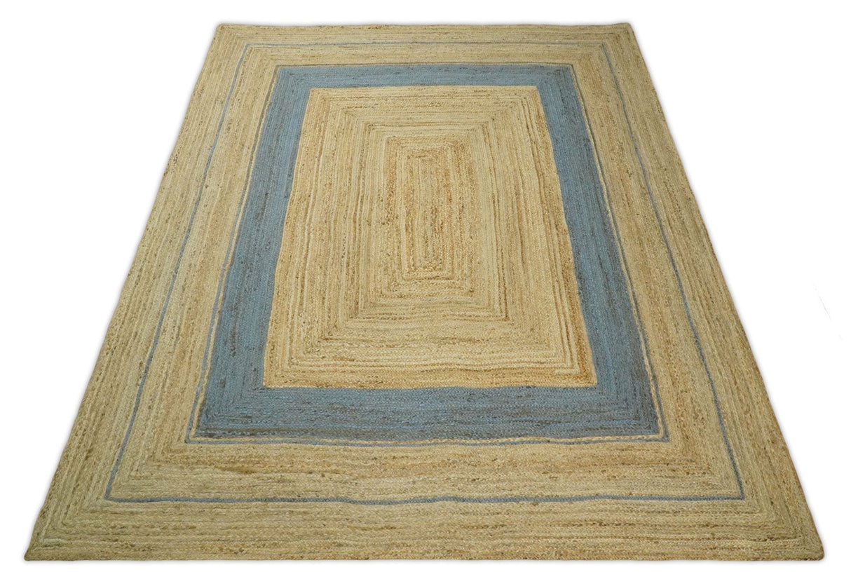 Hand Woven Natural Fiber Blue and Brown Natural Jute Rug