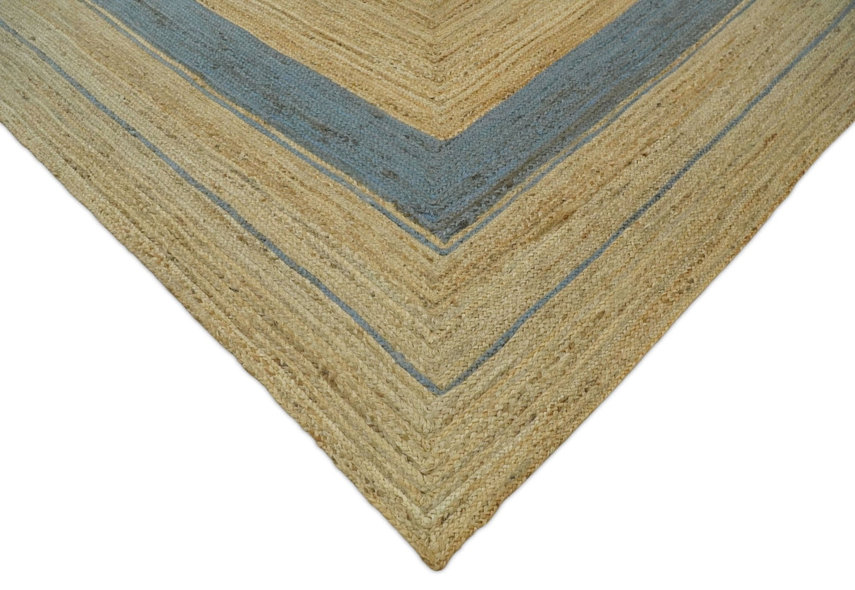 Hand Woven Natural Fiber Blue and Brown Natural Jute Rug