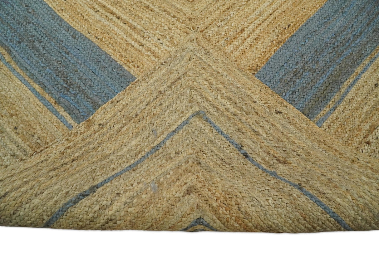 Hand Woven Natural Fiber Blue and Brown Natural Jute Rug