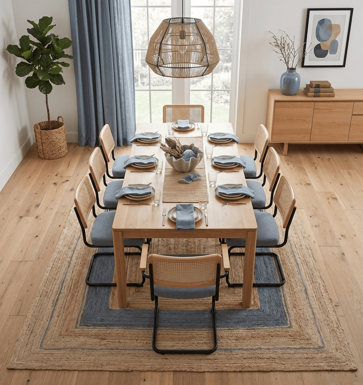 Hand Woven Natural Fiber Blue and Brown Natural Jute Rug