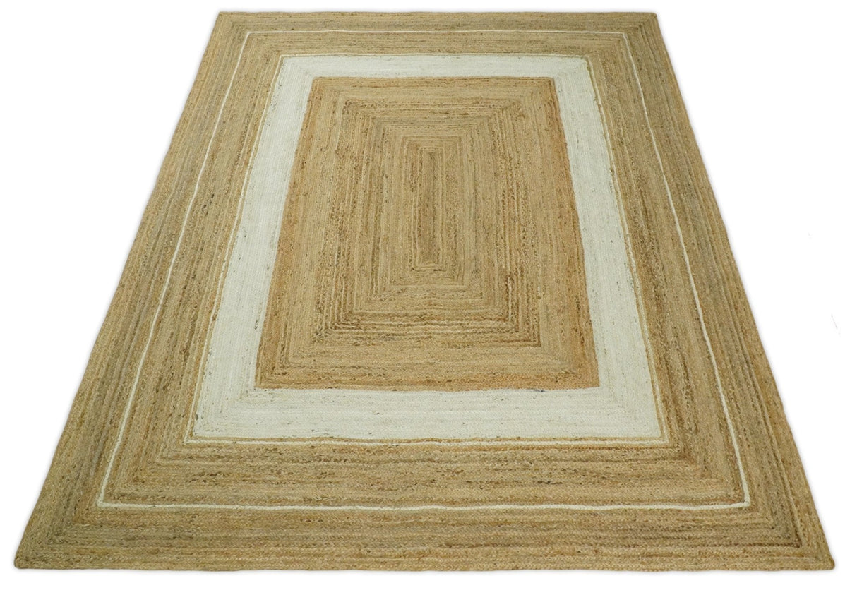 Hand Woven Natural Fiber White and Brown Natural Jute Rug