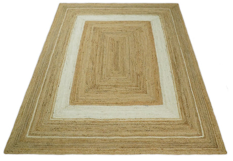Hand Woven Natural Fiber White and Brown Natural Jute Rug