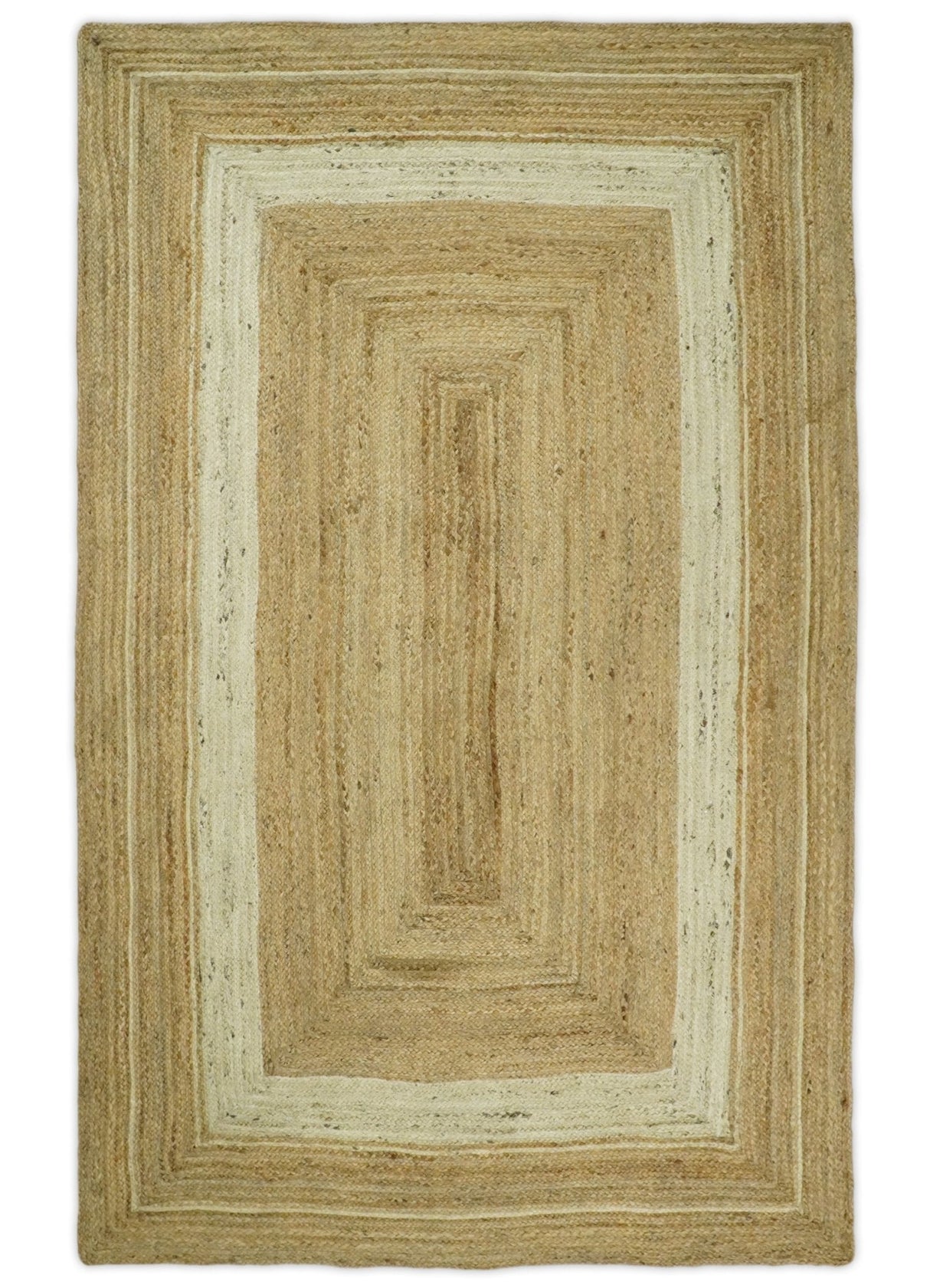 Hand Woven Natural Fiber White and Brown Natural Jute Rug