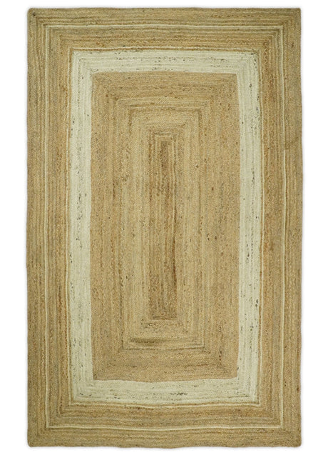 Hand Woven Natural Fiber White and Brown Natural Jute Rug