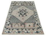 Hand Woven Peach and Charcoal Blended Hand Knotted Wool Rug
