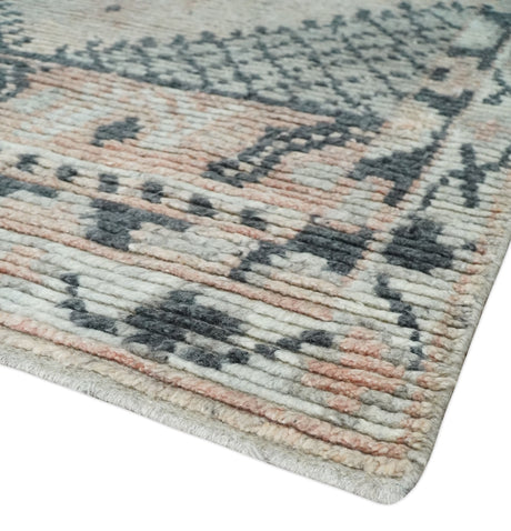 Hand Woven Peach and Charcoal Blended Hand Knotted Wool Rug