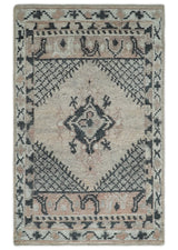 Hand Woven Peach and Charcoal Blended Hand Knotted Wool Rug