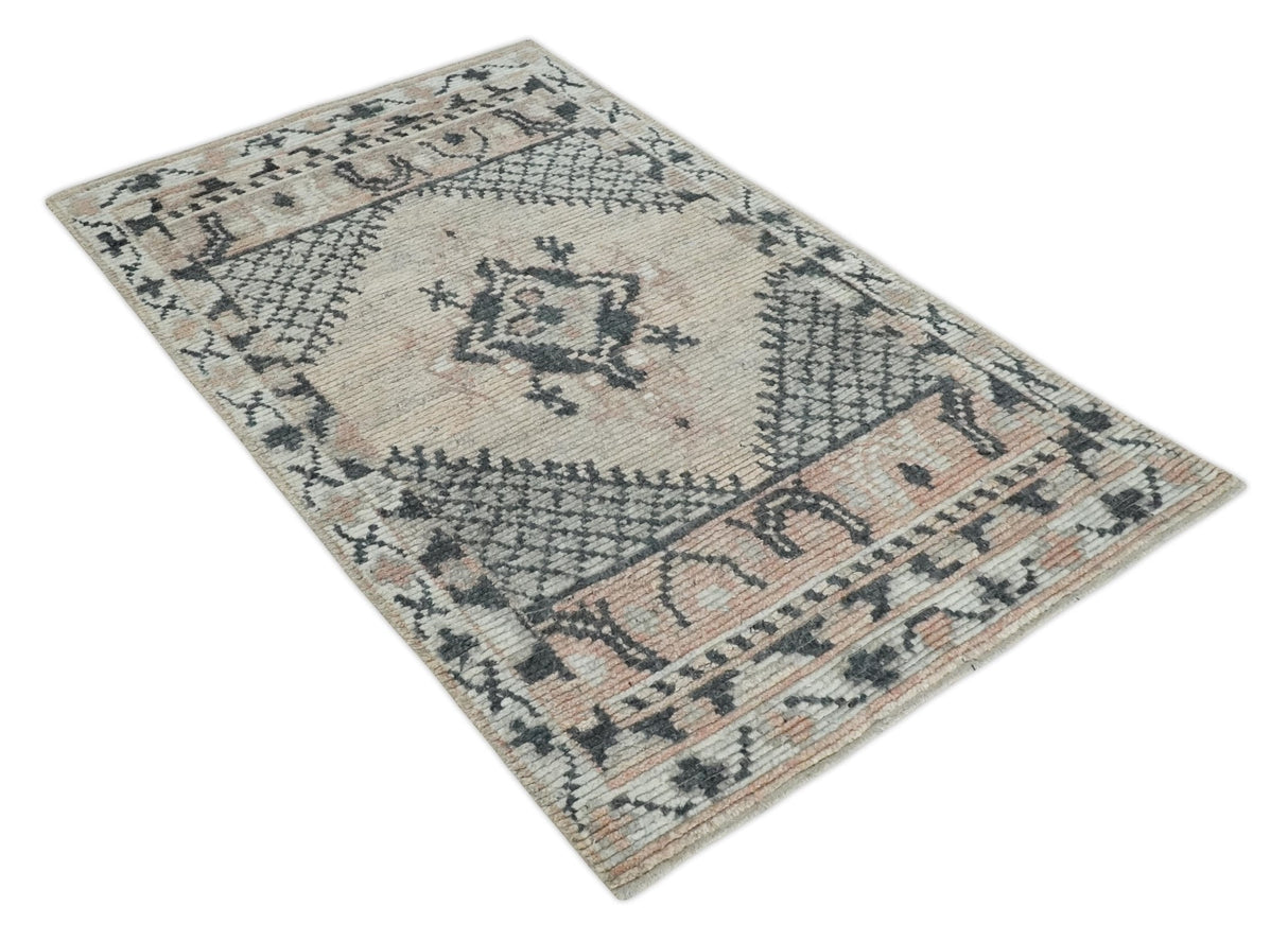 Hand Woven Peach, Beige and Charcoal Rug Made with Blended Wool Multi Size Rug