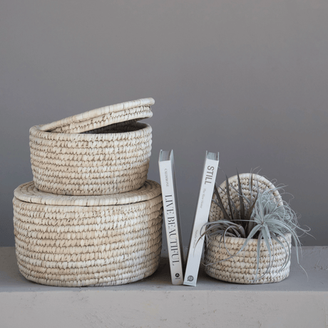 Hand-Woven Storage Baskets with Lids, Set of 3-Baskets-Parc Decor