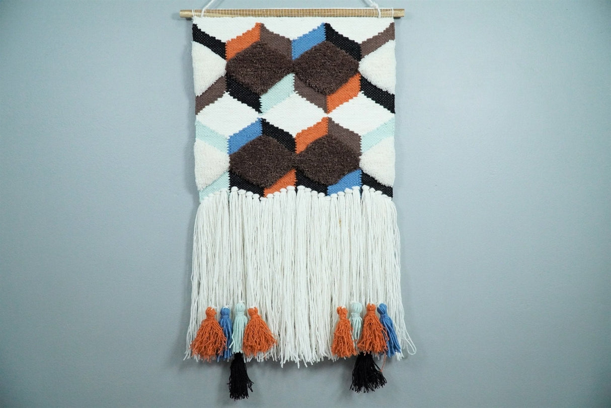 Hand Woven Wool Tapestry White and Brown Bohemian Modern Wall Hanging | WH9