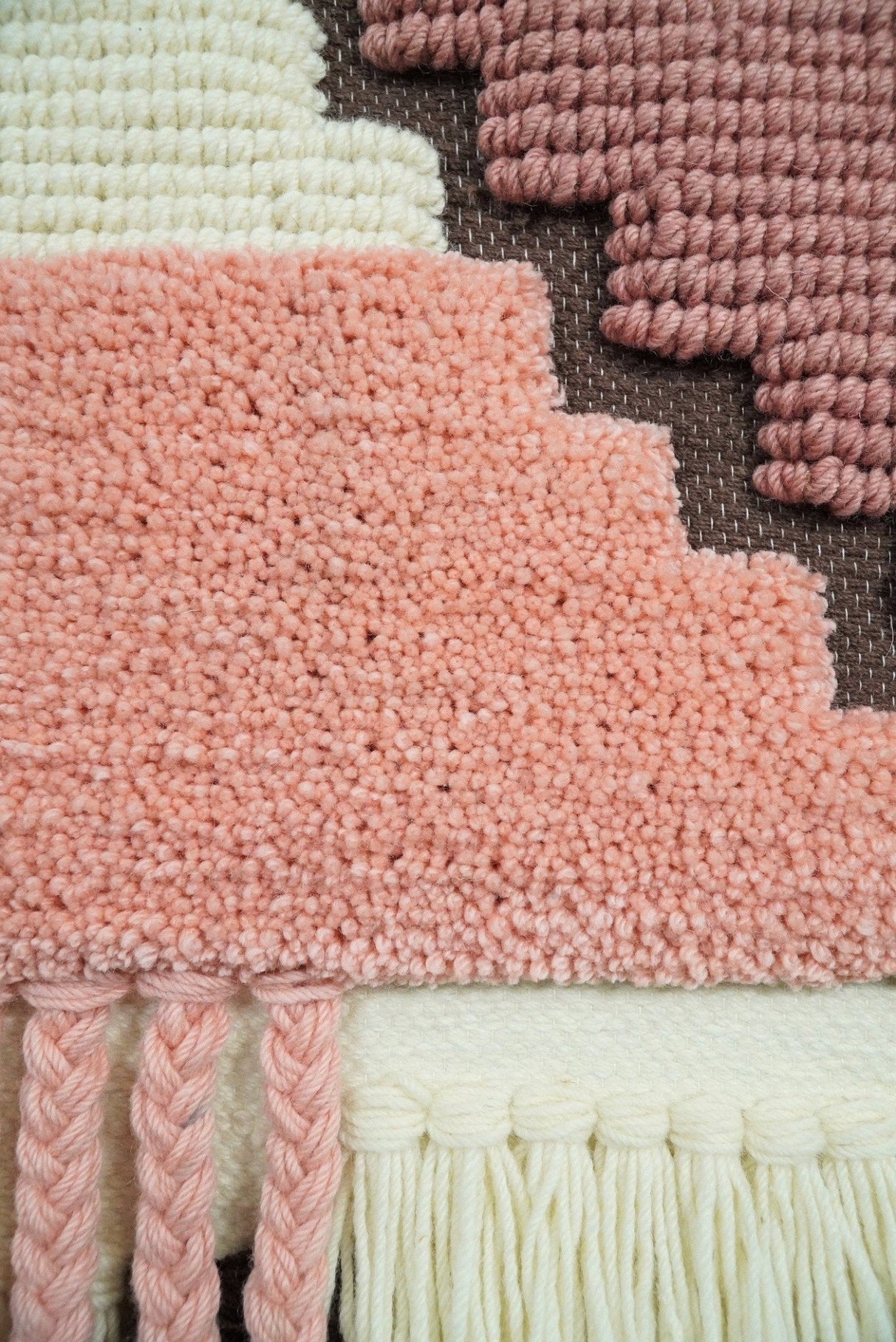 Hand Woven Wool Tapestry White and Peach Bohemian Wall Hanging | WH7