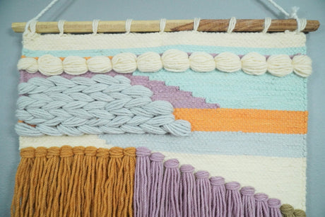 Hand Woven Wool Tapestry White, Blue and Gold Bohemian Modern Wall Hanging | WH12