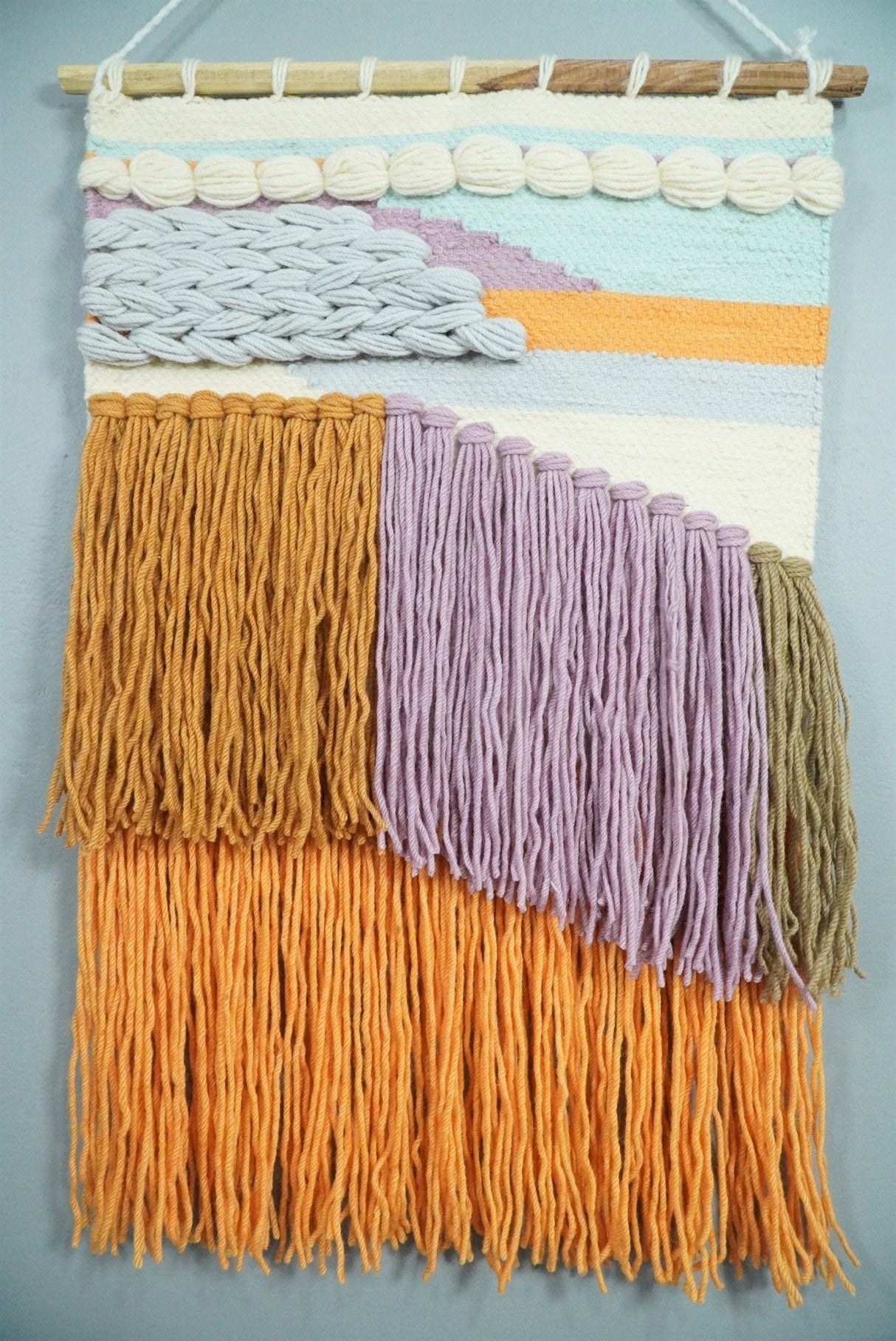 Hand Woven Wool Tapestry White, Blue and Gold Bohemian Modern Wall Hanging | WH12