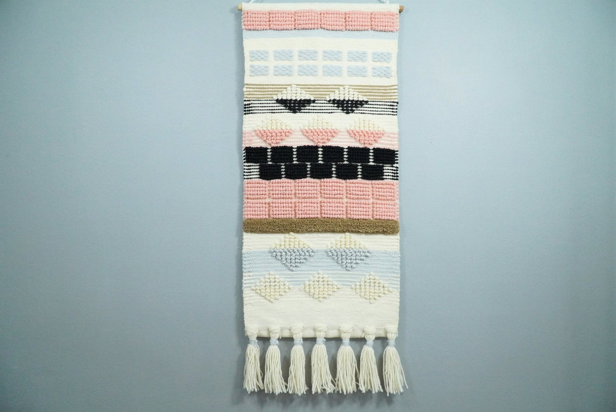 Hand Woven Wool Tapestry White, Blue and Pink Bohemian Modern Wall Hanging-Wall Hanging-Parc Decor