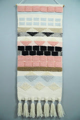 Hand Woven Wool Tapestry White, Blue and Pink Bohemian Modern Wall Hanging | WH13