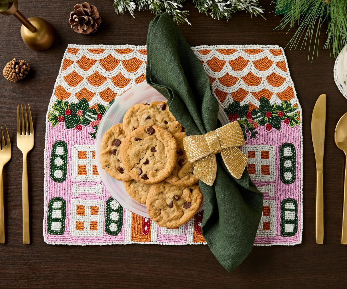 Handcrafted Gingerbread House Beaded Placemat, Beaded Holiday Table Decor, Christmas special beaded placemat by Payton James, Christmas decoration gift for her-table tops-Parc Decor