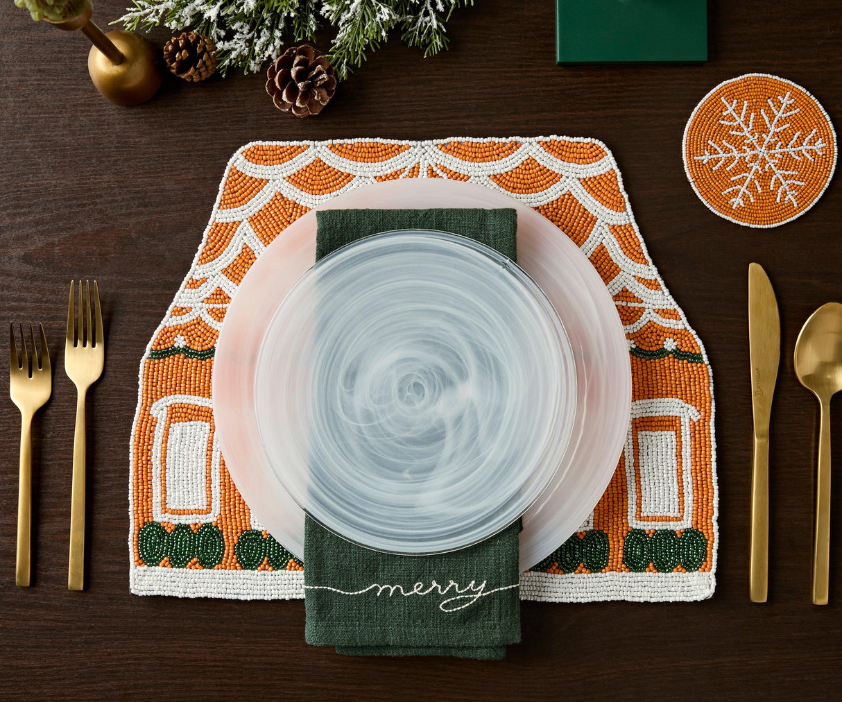 Handicraft Gingerbread House Beaded Placemat, Christmas decoration gift for her – Christmas Handmade Beaded Placemats for Dining-table tops-Parc Decor