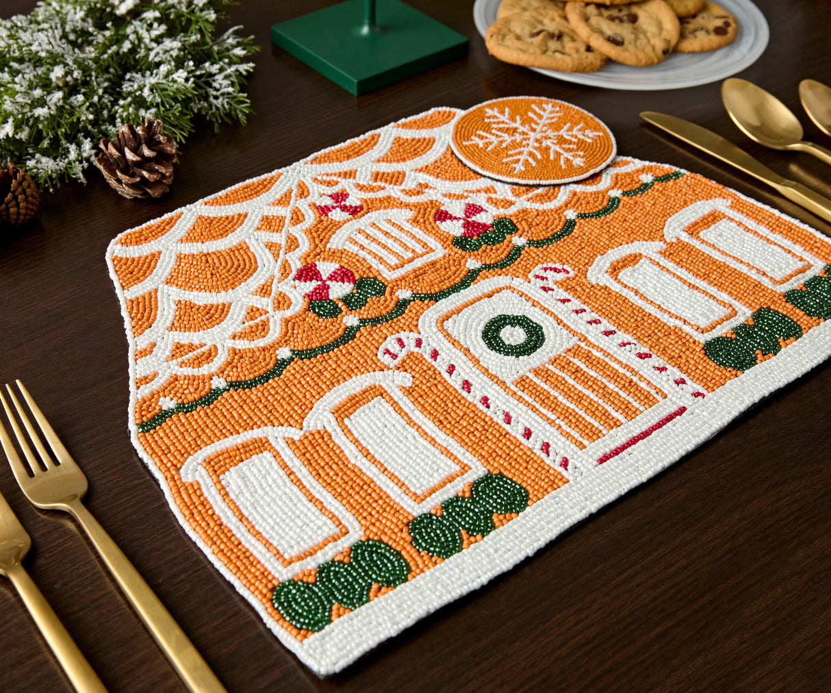 Handicraft Gingerbread House Beaded Placemat, Christmas decoration gift for her – Christmas Handmade Beaded Placemats for Dining-table tops-Parc Decor