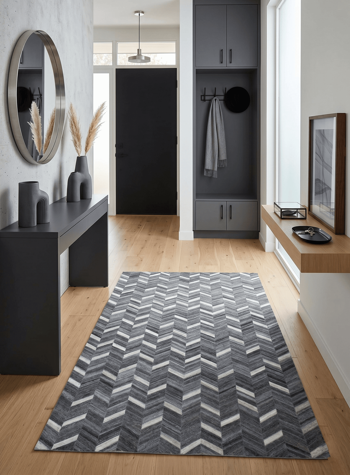 Handmade 5x8 Gray and Ivory Chevron Viscose Area Rug
