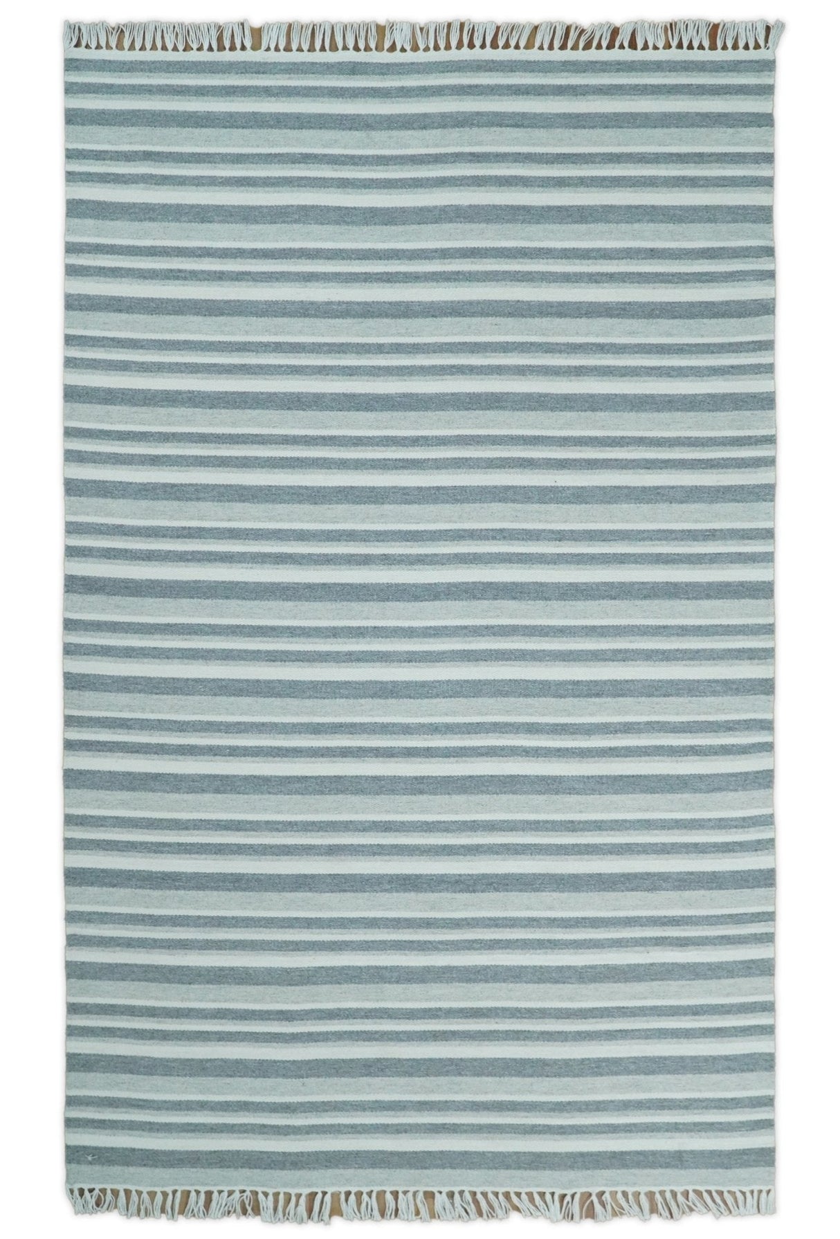Handmade 5x8 Modern Stripes Pattern Blue And White Wool Rug