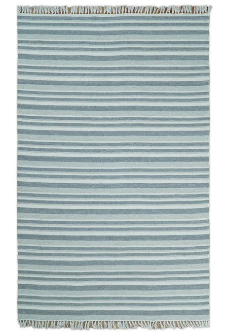 Handmade 5x8 Modern Stripes Pattern Blue And White Wool Rug