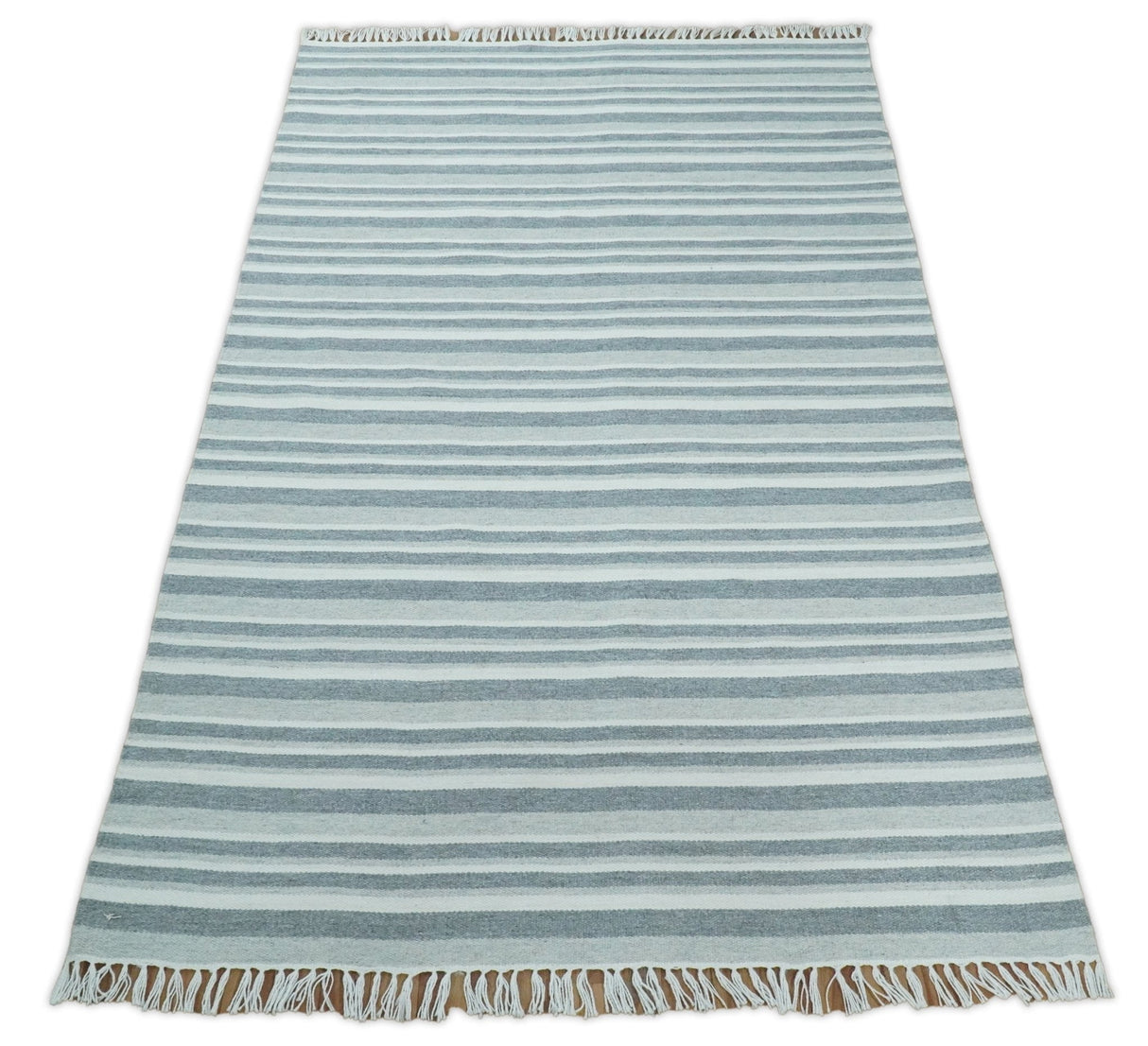 Handmade 5x8 Modern Stripes Pattern Blue And White Wool Rug