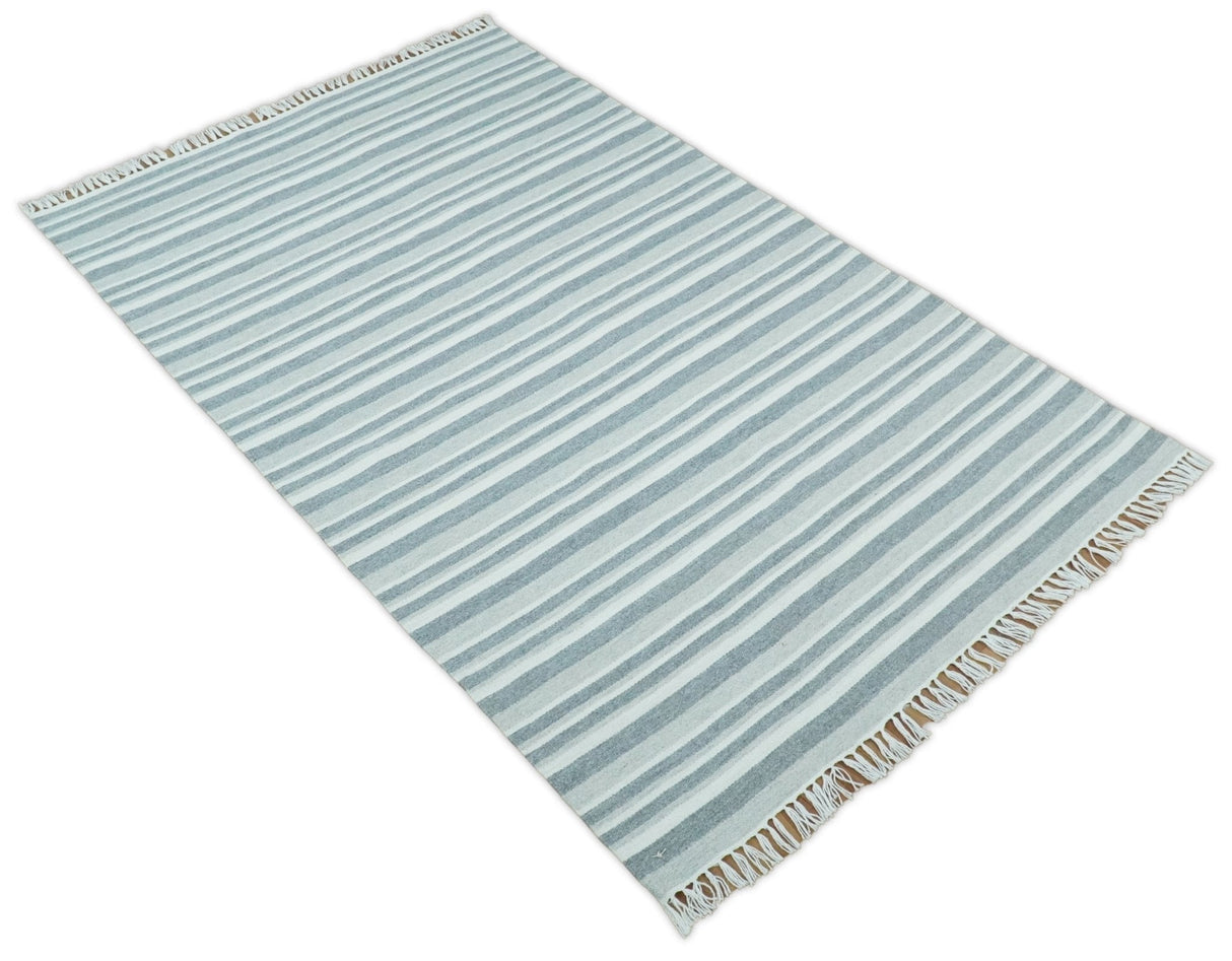 Handmade 5x8 Modern Stripes Pattern Blue And White Wool Rug