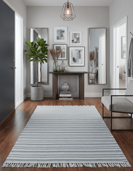 Handmade 5x8 Modern Stripes Pattern Blue And White Wool Rug