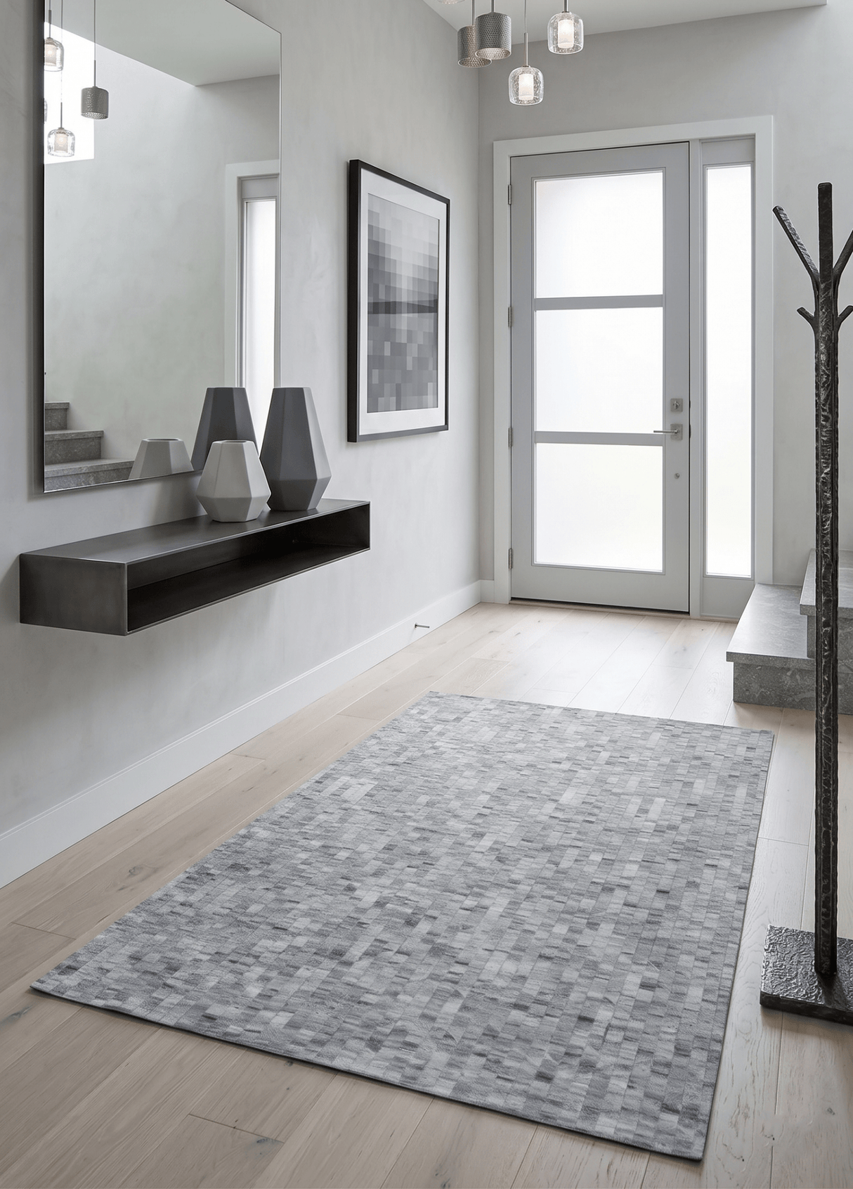 Handmade 5x8 Modern Style Genuine Leather Gray and Silver Area Rug
