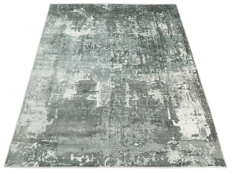 Handmade 8x10 Ivory, gray and Charcoal Blended Wool and Bamboo Silk Area Rug