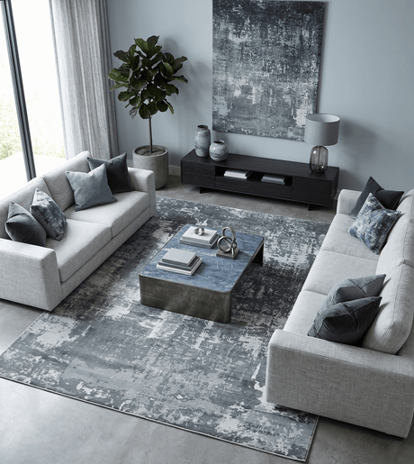 Handmade 8x10 Ivory, gray and Charcoal Blended Wool and Bamboo Silk Area Rug