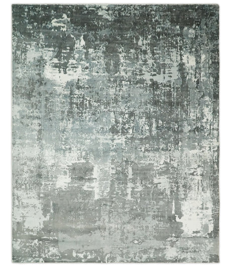 Handmade 8x10 Ivory, gray and Charcoal Blended Wool and Bamboo Silk Area Rug