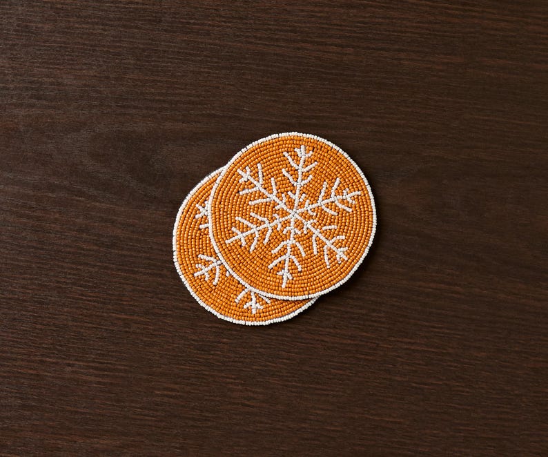 Handmade Beaded Christmas Snowflakes Coasters, White and Yellow Beads, Payton James Holiday Table Decor, Elegant Centerpiece Gift Idea-Table tops-Parc Decor