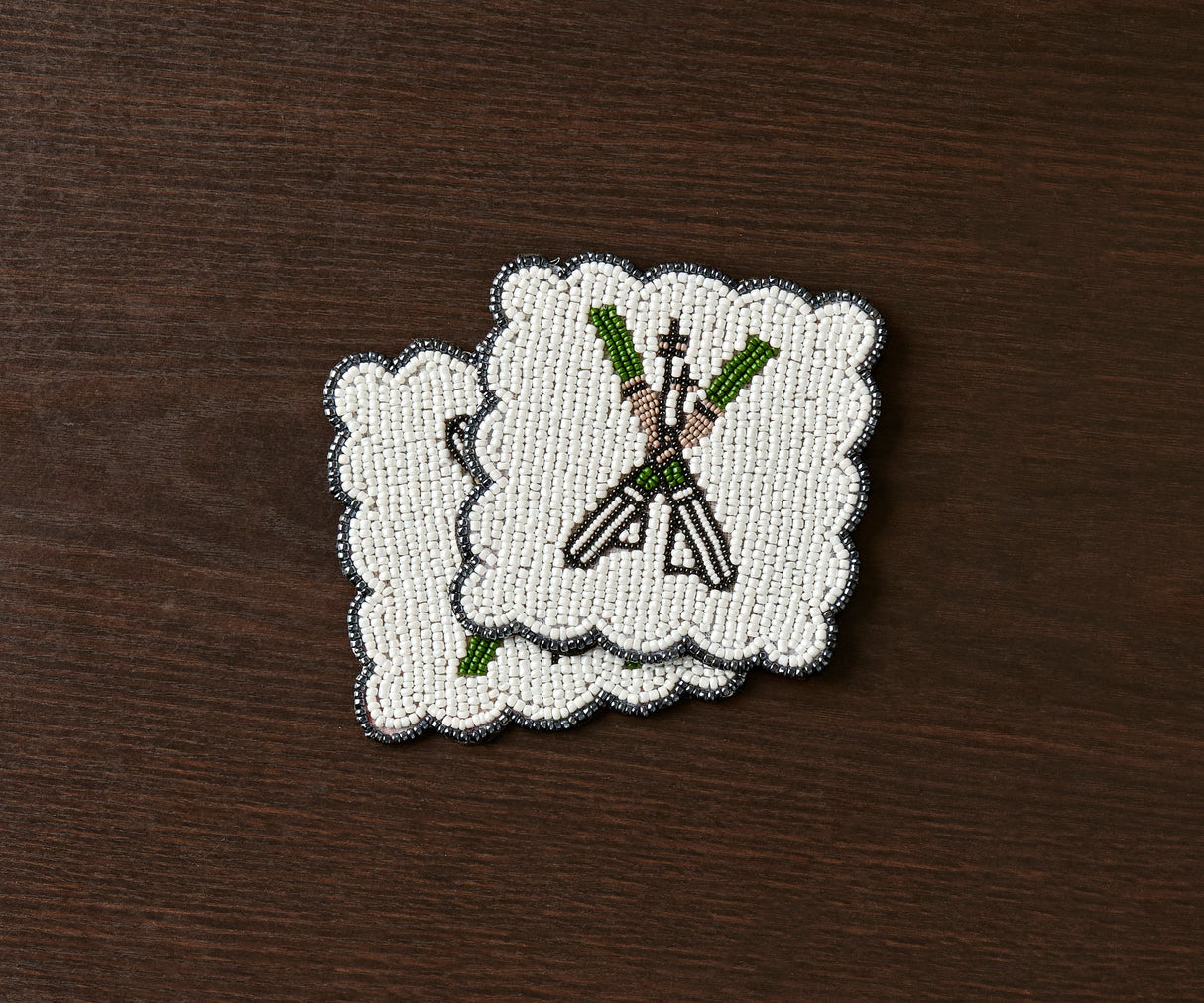 Handmade Beaded Ski Coaster with Pearls – Elegant Black, White, and Green Coaster for Tableware & Home Decor-Table tops-Parc Decor
