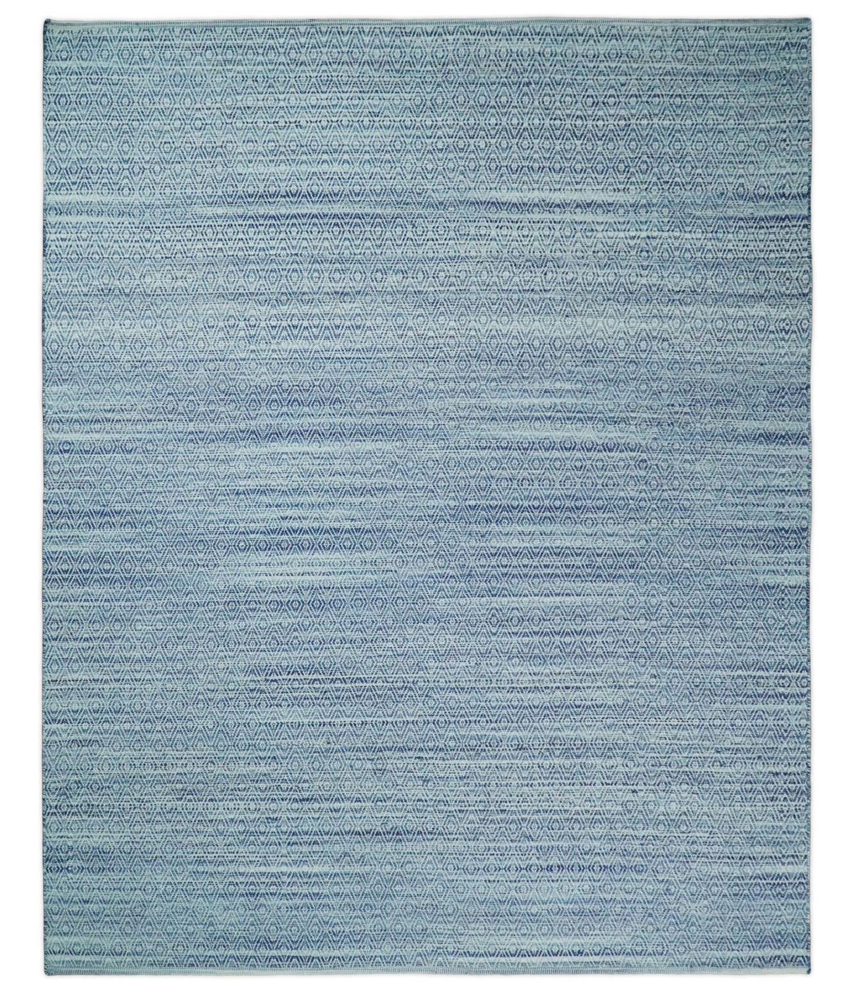 Handmade Boho Ivory and Blue Wool Blend Dhurrie Rug