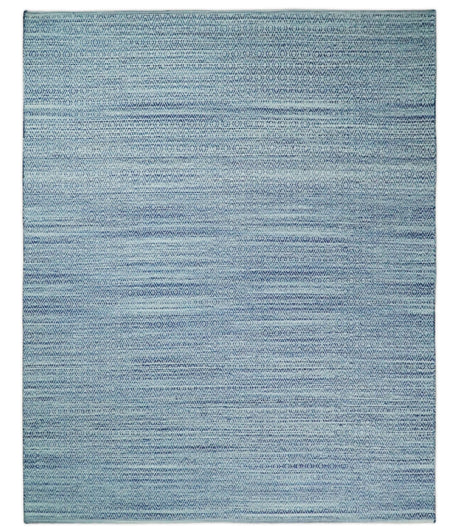 Handmade Boho Ivory and Blue Wool Blend Dhurrie Rug