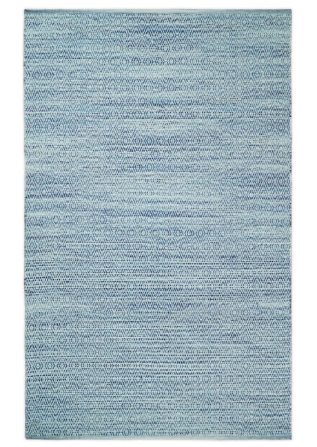 Handmade Boho Ivory and Blue Wool Blend Dhurrie Rug