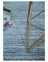 Handmade Boho Ivory and Blue Wool Blend Dhurrie Rug