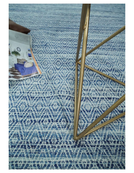 Handmade Boho Ivory and Blue Wool Blend Dhurrie Rug