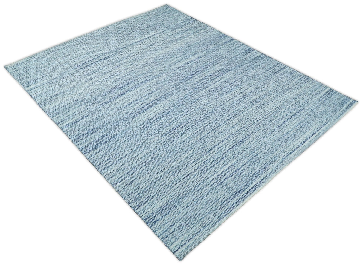 Handmade Boho Ivory and Blue Wool Blend Dhurrie Rug