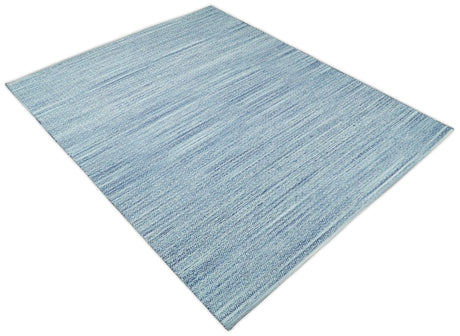 Handmade Boho Ivory and Blue Wool Blend Dhurrie Rug