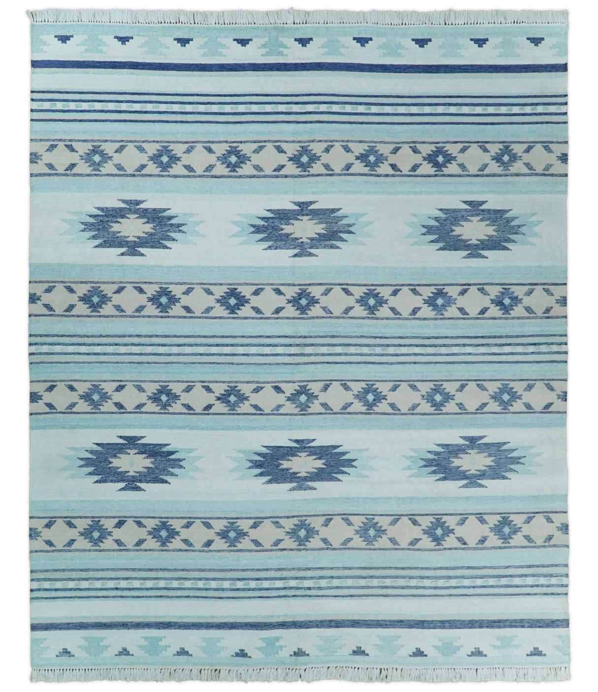 Handmade Modern Style Blue Wool Blend Dhurrie Rug