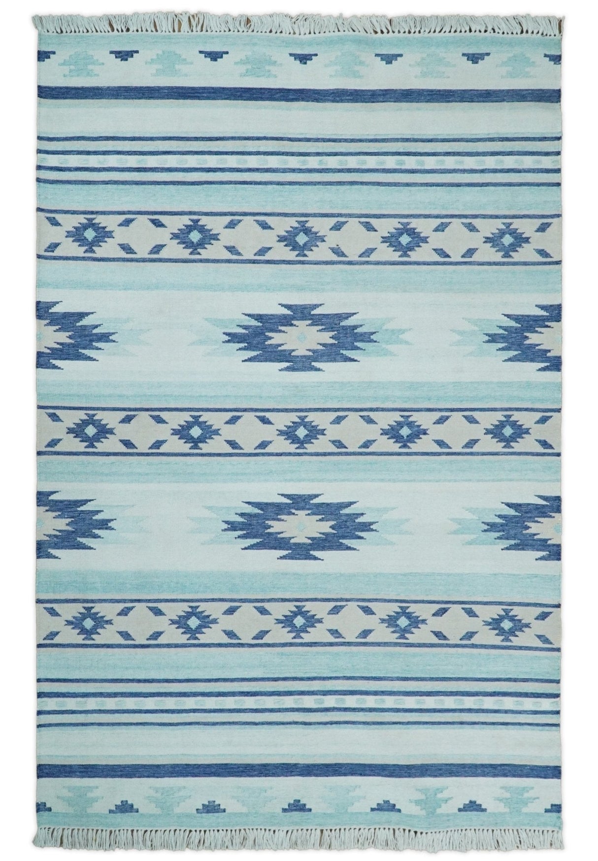 Handmade Modern Style Blue Wool Blend Dhurrie Rug