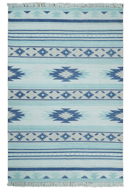Handmade Modern Style Blue Wool Blend Dhurrie Rug