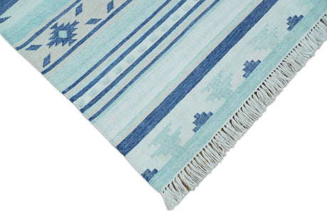 Handmade Modern Style Blue Wool Blend Dhurrie Rug