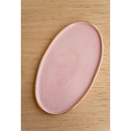 Handmade Oval Porcelain Serving Platter with Gold Rim. Powder Pink
