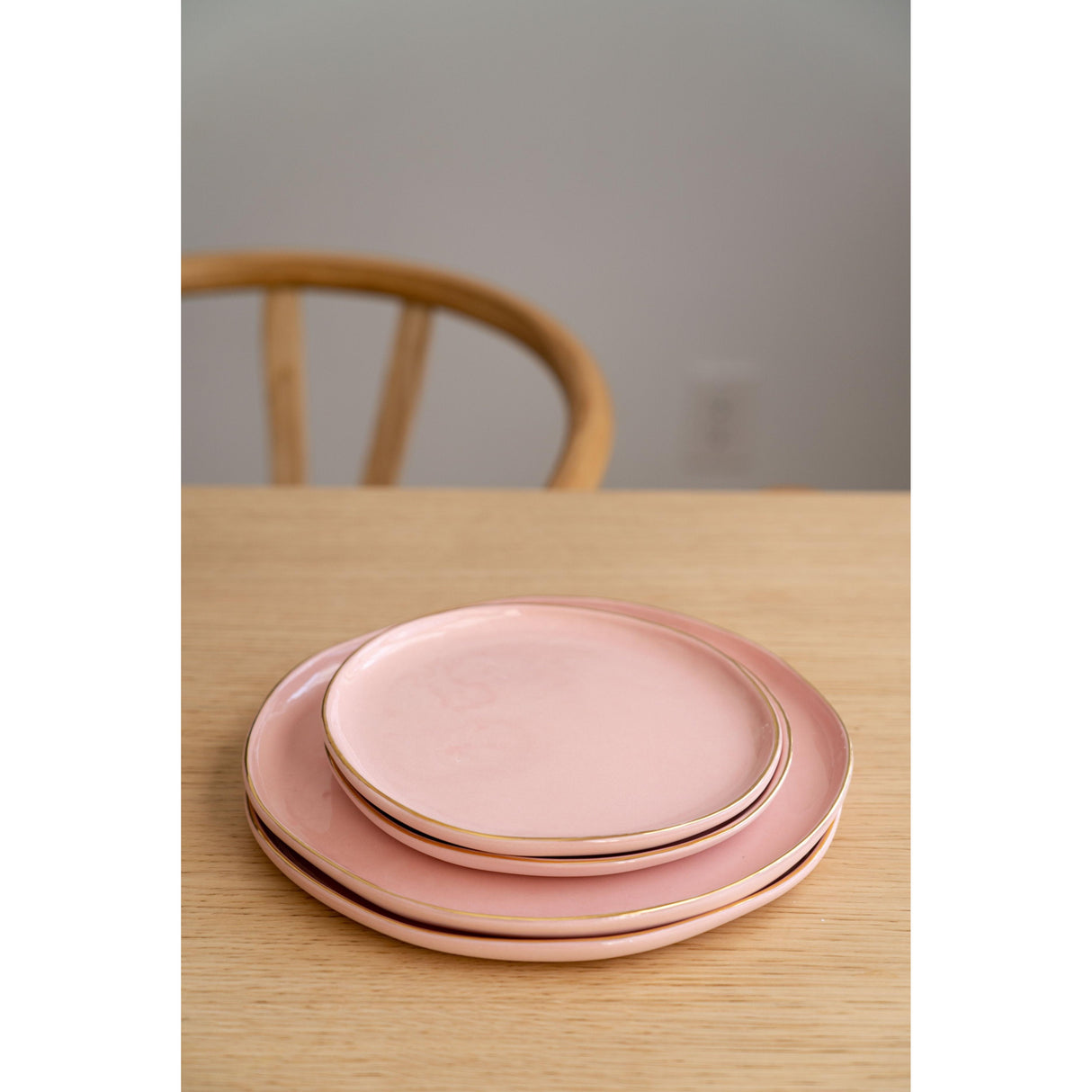 Handmade Porcelain Dinner Plates with Gold Rim. Powder Pink